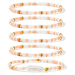 Легкий Лосось 5 Наборы эластичных браслетов из ракушек и стеклянного бисера, летние украшения для женщин, светлый померанцевый, внутренний диаметр: 6.89 дюйм (17.5 см)