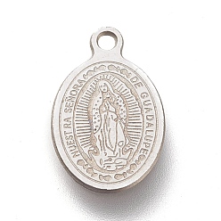 Platinum Non-Tarnish 304 Stainless Steel Charms, Laser Cut, Oval, Miraculous Medal, Stainless Steel Color, 14.5x9x0.5mm, Hole: 1.2mm