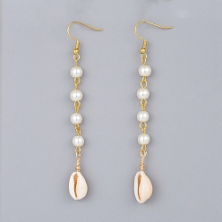 Кремово-белый Стеклянные под жемчуг болтаться серьги, с раковиной каури и латунными крючками для сережек, кремово-белые, 88~94x10~11 мм, штифты : 0.6 мм
