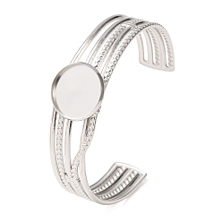 Stainless Steel Color 304 Stainless Steel Multi-strand Cuff Bracelet Blanks with Flat Round Bezel Settings, Stainless Steel Color, Tray: 18mm, Inner Diameter: 2.11x2.40 inch(5.35x6.1cm)