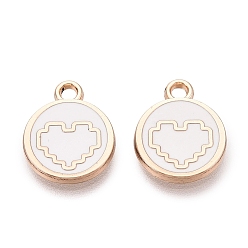 White Alloy Enamel Pendants, Rack Plating, Flat Round & Heart Charms, Golden, White, 13.5x11x1.5mm, Hole: 1.6mm