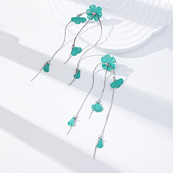 Dark Turquoise Alloy Stud Dangle Earrings, Flower, Dark Turquoise, 101x16mm