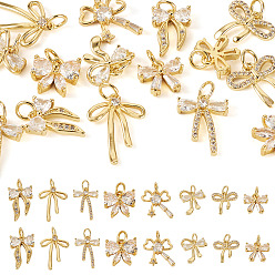 Настоящее золото 18K 16 шт 8 стиль латунные микропаве подвески из фианита, бантом, с целью перехода в кольце, реальный 18 k позолоченный, 9.5~19x10.5~13.5x2~3 мм, отверстие : 3~3.5 мм, 2 шт / стиль
