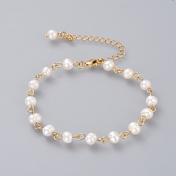 Golden Beaded Bracelets, with Grade A Natural Freshwater Pearl Beads and Brass Extension Chains, Golden, 188mm