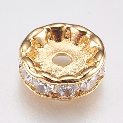 Золотой Латунные микро проложить кубических циркония шарики прокладки, плоско-круглые, прозрачные, золотые, 12x4 мм, отверстие : 2 мм