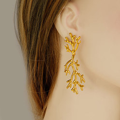 Настоящее золото 18K 304 серьги-гвоздики из нержавеющей стали в виде веточки хип-хопа, реальный 18 k позолоченный, 68x21 мм