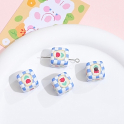 Cornflower Blue Opaque Printed Acrylic Beads, Cube with Flower & Tartan Pattern, Cornflower Blue, 14x14mm