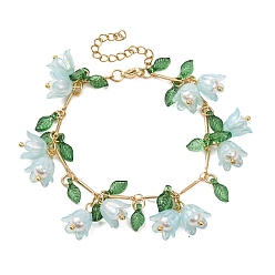 Светло-Голубой Браслеты с подвесками из акрила и жемчуга в виде цветка, листьев и ракушек, браслеты-цепочки из латуни для женщин, золотые, Небесно-голубой, 7 дюйм (17.7 см)