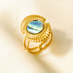 Настоящее золото 18K 304 Открытые кольца-манжеты из нержавеющей стали с натуральными ракушками для женщин, овальные, реальный 18 k позолоченный, 22 мм, внутренний диаметр: 17 мм