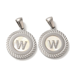 Letter W 304 подвески из нержавеющей стали, плоские круглые подвески-ракушки с буквой, цвет нержавеющей стали, Буква W, 20.5x17.5x1.5 мм, отверстие : 2.5x4.5 мм