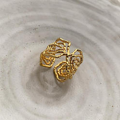 Настоящее золото 18K 304 из нержавеющей стали манжеты кольца, открытое кольцо-цветок для женщин, ионное покрытие (ip), реальный 18 k позолоченный, 15 мм