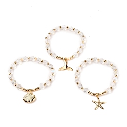 Clear AB Ocean Theme Brass Charm Bracelets, Stretch Bracelets, with Round Brass Beads and Faceted Glass Beads, Shell & Whale Tail Shape & Starfish, Golden, Clear AB, Inner Diameter: 2-1/4 inch(5.7cm), 3pcs/set