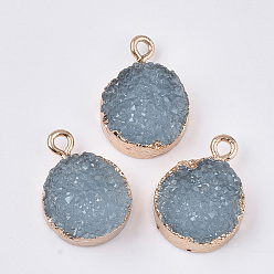 Light Steel Blue Electroplate Druzy Resin Pendants, with Iron Findings, Flat Round, Light Gold, Light Steel Blue, 17~18.5x13x6mm, Hole: 2mm