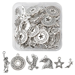 Antique Silver 48Pcs 6 Styles Tibetan Style Alloy Pendants, Star & Eagle/Hawk & Statue of Liberty:, Antique Silver, 16~34x9.6~24.7x1.5~6mm, Hole: 2mm, 8pcs/style