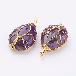 Аметист Подвески из натурального аметиста , с латунной фурнитурой , слеза, золотые, 44~46x26x12~13 мм, отверстие : 4x7 мм