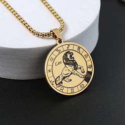Лео Плоские круглые с созвездием 201 ожерелья из нержавеющей стали с подвеской, золотые, Лев, 23.62 дюйм (60 см)
