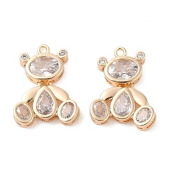 Настоящее золото 18K Подвески из прозрачного стекла с инкрустацией из латуни, медведь, реальный 18 k позолоченный, 20x15x3 мм, отверстие : 1.3 мм