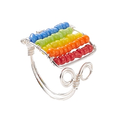 Colorful Glass Bead Braided Rectangle Open Cuff Ring, Copper Wire Wrap Jewelry for Women, Colorful, US Size 6 1/2(16.9mm)