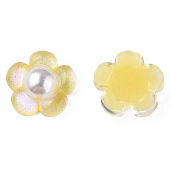 Yellow Translucent Epoxy Resin Cabochons, with ABS Plastic Imitation Pearl and Glitter Powder, Flower, Yellow, 19x19.5x6.5mm