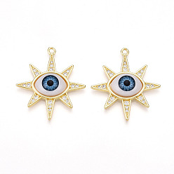 Настоящее золото 18K Латунные подвески с микропаве из прозрачных кубических цирконий для женщин, без кадмия, без никеля и без свинца, солнце с глазом, cmолой, реальный 18 k позолоченный, 32~32.5x28.5~29x6.5 мм, отверстие : 1.6~1.8 мм