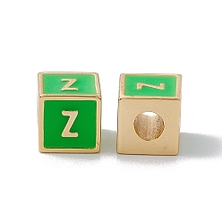 Letter Z Стойки покрытие латунь эмаль бисер, без кадмия, без никеля и без свинца, реальный 18 k позолоченный, куб с письмом, зеленый лайм, letter.z, 6x6x6 мм, отверстие : 2.5 мм