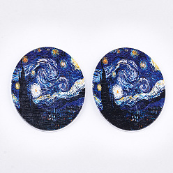 Colorful Printed Wooden Big Pendants, Dyed, Oval, Colorful, 63x50x2.5mm, Hole: 1.2mm
