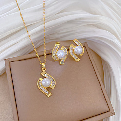 Horse Eye Латунное микропаве из кубических цирконий с пластиковым жемчугом, подвеска и серьги-гвоздики, колье-цепочка из нержавеющей стали, золотые, лошадиный глаз , 400 мм