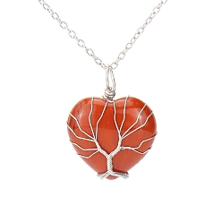 Red Jasper Natural Red Jaspe Heart Pendant Necklaces, Platinum Copper Wire Wrap Necklace, 20.47 inch(52cm)