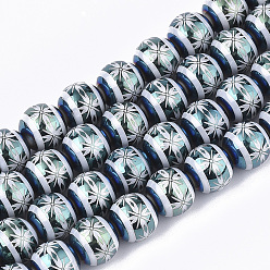 Kadettenblau Galvanisieren Glasperlen, Runde mit Blumenmuster, Kadettenblau, 10x9.5 mm, Bohrung: 1.2 mm, ca. 30 Stk. / Strang, 11.2 Zoll
