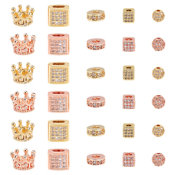 Golden & Rose Gold 30Pcs 10 Style Brass Micro Pave Clear Cubic Zirconia Beads, Mixed Shapes, Golden & Rose Gold, 3pcs/style