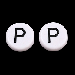 Letter P Opaque Acrylic European Beads, Large Hole Beads, Flat Round & Letter, with Enamel, Letter P, 25x10mm, Hole: 6mm, about 95pcs/500g