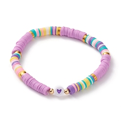 Сливовый Бусины хейши из полимерной глины эластичные браслеты, с бусинами из акриловой эмали в форме сердца и латунными бусинами, слива, внутренний диаметр: 2-1/4 дюйм (5.7 см)