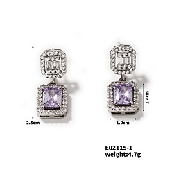Фиолетовый Элегантные квадратные женские серьги-гвоздики с медью и инкрустацией цирконом, модные аксессуары, платина, фиолетовые, 25x10 мм