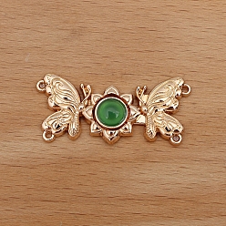 Green Alloy Resin Connector Charms, Double Butterfly, Light Gold, Green, 35x15mm