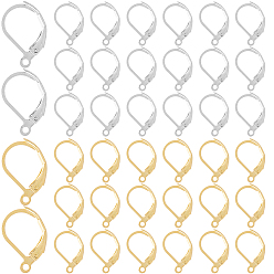 Real 24K Gold Plated & Stainless Steel Color 2 цвета 304 фурнитура для сережек с застежкой-ангуляркой из нержавеющей стали, с петлей, реальный 24 k позолоченный и цвет нержавеющей стали, 15x10x2 мм, отверстие : 1.5 мм, 60 шт / цвет, 120 шт / коробка
