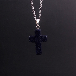 Blue Goldstone Synthetic Blue Goldstone Pendants, with Platinum Tone Brass Findings, Cross, 25x18mm