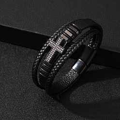 Платина Пу кожаный шнур плетеные браслеты, латунные многорядные браслеты с микропаве из кубического циркония для мужчин, крестик, платина, 7-7/8~9-1/8 дюйм (20~23 см)