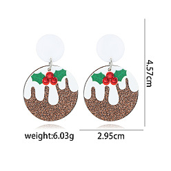 Плоский Круглый Рождественские серьги-гвоздики со стразами из сплава, с эмалью, акрилом и смолой, платина, плоско-круглые, 45.70x29.50 мм