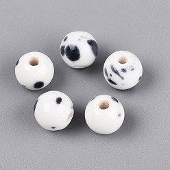 Floral Blanca Cuentas de porcelana vintage hechas a mano, fantasía antigua porcelana esmaltada, rondo, blanco floral, 9.5~11x8.5~9.5 mm, agujero: 2~3 mm