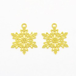 Golden Brass Pendants, Etched Metal Embellishments, Snowflake, Golden, 13x10x0.3mm, Hole: 1mm