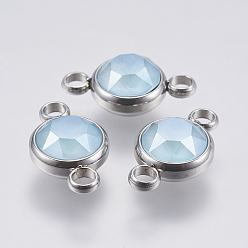 Sky Blue K9 Glass Links connectors, Faceted, with 304 Stainless Steel Findings, Flat Round, Stainless Steel Color, Sky Blue, 17.5x10x6mm, Hole: 2.5mm