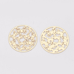 Light Gold Brass Filigree Joiners Links, Etched Metal Embellishments, Long-Lasting Plated, Flat Round with Butterfly, Light Gold, 20x0.3mm