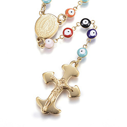 Золотой Ожерелья из розового ожерелья ручной работы, 304 из нержавеющей стали ожерелья эмали, с поперечным кулон, золотые, 25.2 дюйм (64 см)