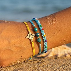Mixed Color Summer Beach Style Adjustable Synthetic Green Turquoise Imperial Stone Beaded Bracelet Set, Stainless Steel Knot Charm Adjustable Stackable Bracelets, Golden, Mixed Color, 11.02 inch(28cm), 3pcs/set