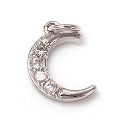 Platin Farbe Messing micro pave klar zirkonia charme, mit Ringe springen, langlebig überzogen, Mond, Platin Farbe, 14x10x2 mm, Biegering: 5x0.7 mm, Innendurchmesser: 3.6 mm