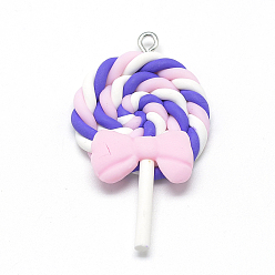 Бледно-Розовый Полимерной глины ручной работы подвески, леденец с бантом, розовые, 40~53x27~30x7~9 мм, отверстие : 2 мм