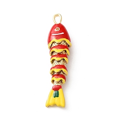 Roja Colgantes de latón con micropavé de circonitas cúbicas de color naranja, con esmalte, encantos de pescado, sin plomo y cadmio, chapado en rack, larga duración plateado, real 18 k chapado en oro, rojo, 46x11x7 mm, agujero: 4x2.5 mm