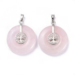 Rose Quartz Natural Rose Quartz Pendants, with Platinum Tone Brass Findings, Donut/Pi Disc with Tree of Life, 35.5x30x8.5~9.5mm, Hole: 4.5x6.5mm
