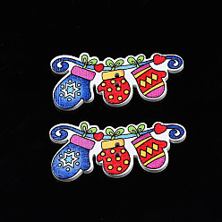 Красный Рождество 2-отверстия окрашенные распылением кленовые деревянные пуговицы, односторонняя печать, перчатки, красные, 20x44x2 мм, отверстие : 1.6 мм