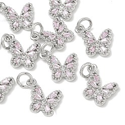 Pink SHEGRACE Brass Pave Clear Cubic Zirconia Pendants, Butterfly Charms, Cadmium Free & Nickel Free & Lead Free, Long-Lasting Plated, Platinum, Pink, 11x11.5x3mm, Hole: 3mm